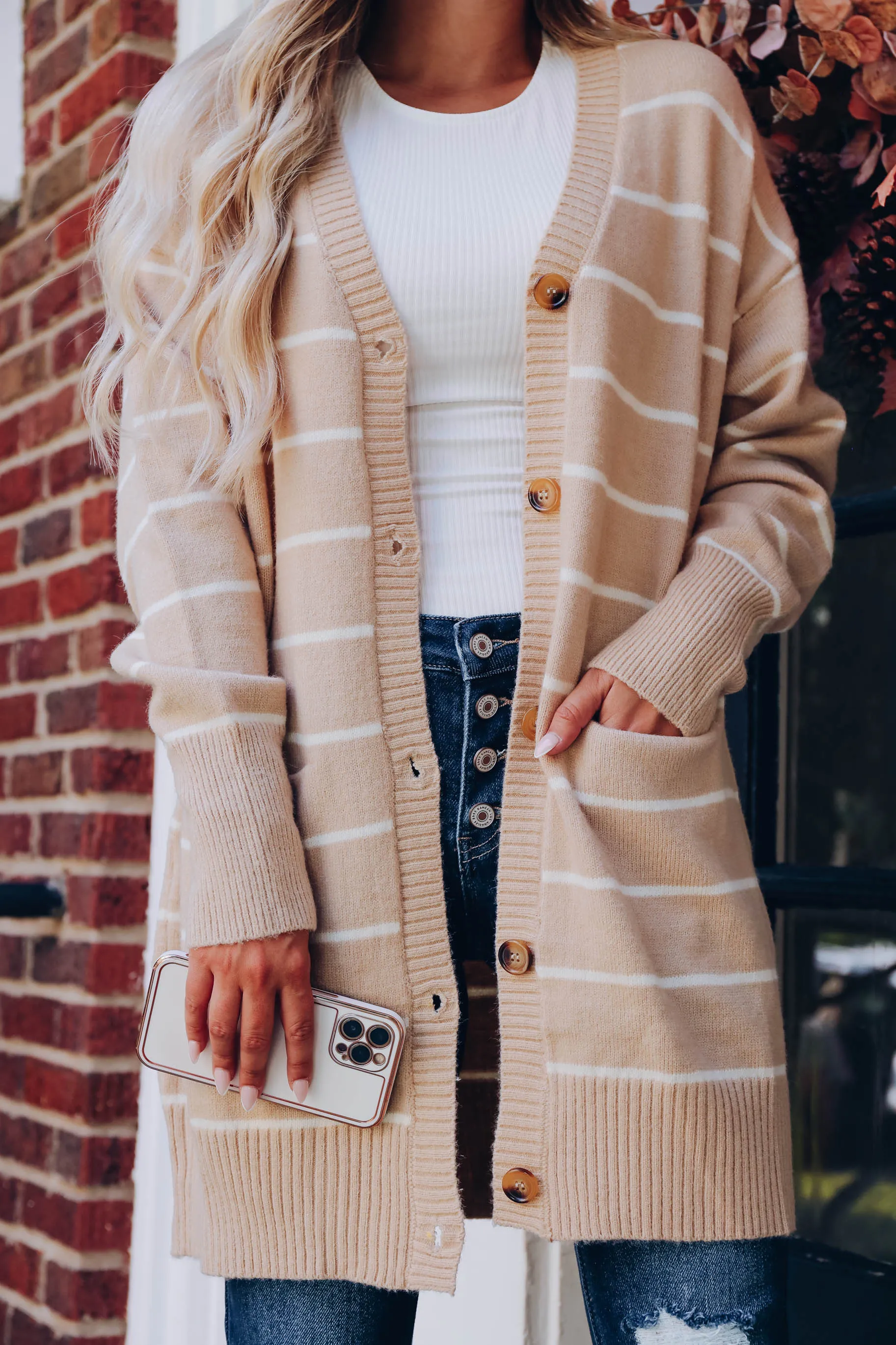 Rainey Button Up Striped Cardigan - Taupe