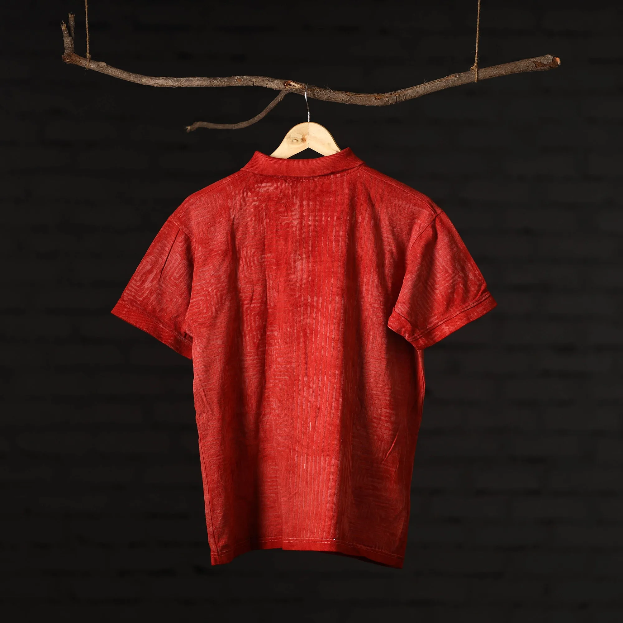 Red - Bindaas Natural Dyed Art Block Print Unisex Polo Collar T-shirt in Cotton