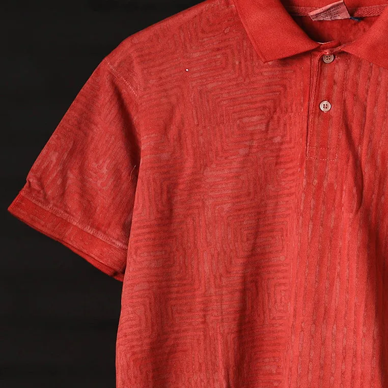 Red - Bindaas Natural Dyed Art Block Print Unisex Polo Collar T-shirt in Cotton