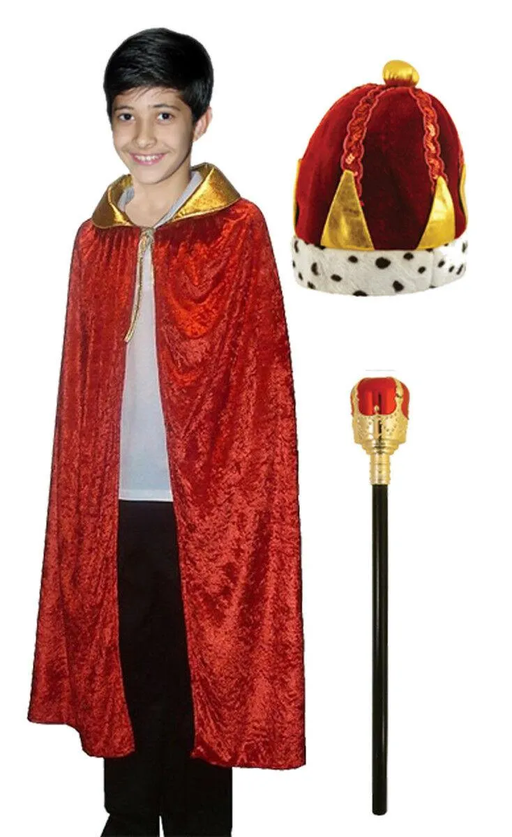 Red Cape Crown Hat Sceptre Wise Man King Queen Kids Nativity Fancy Dress