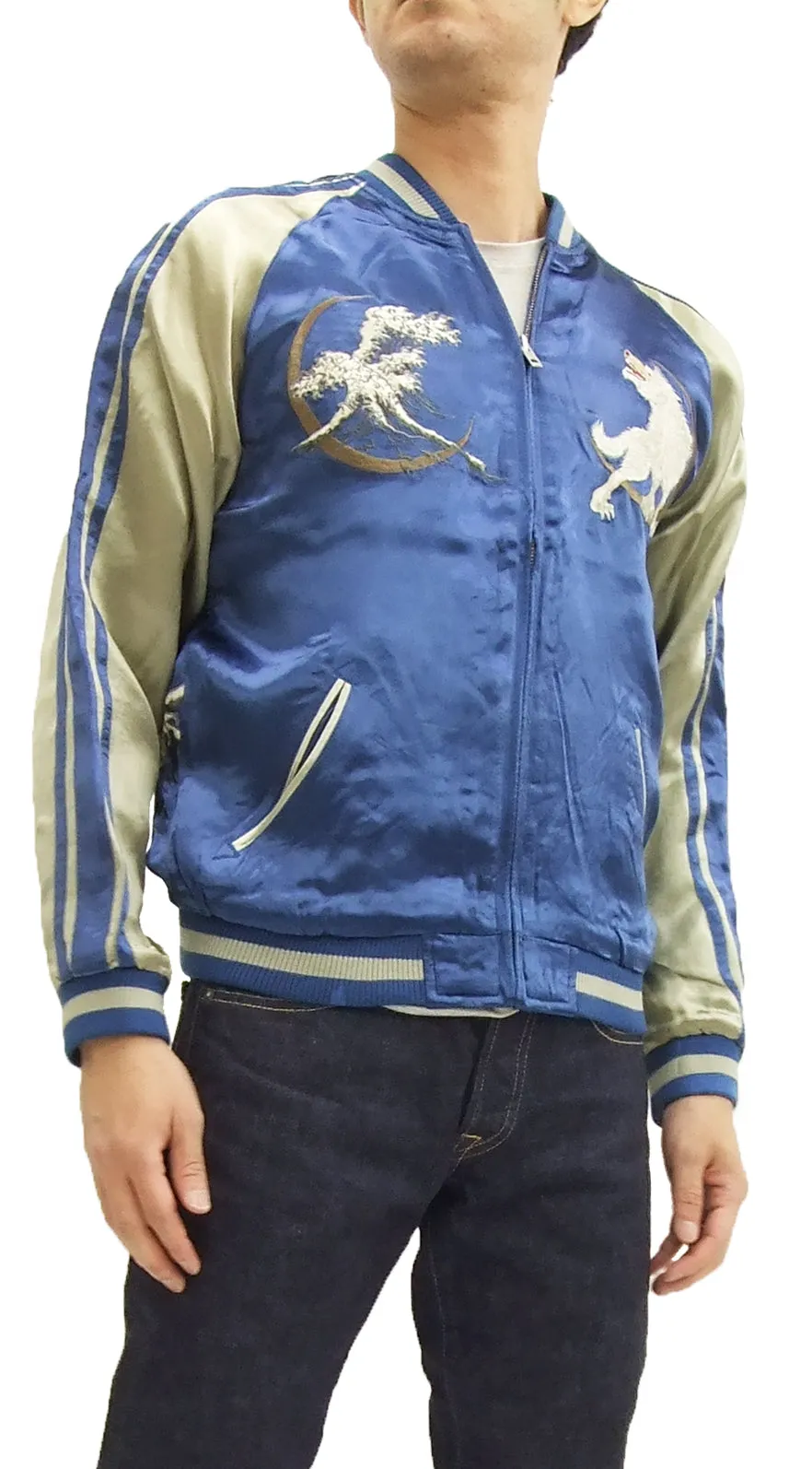 Satori Script Japanese Souvenir Jacket White Wolf Men's Sukajan GSJR-012 Navy-Blue/Beige