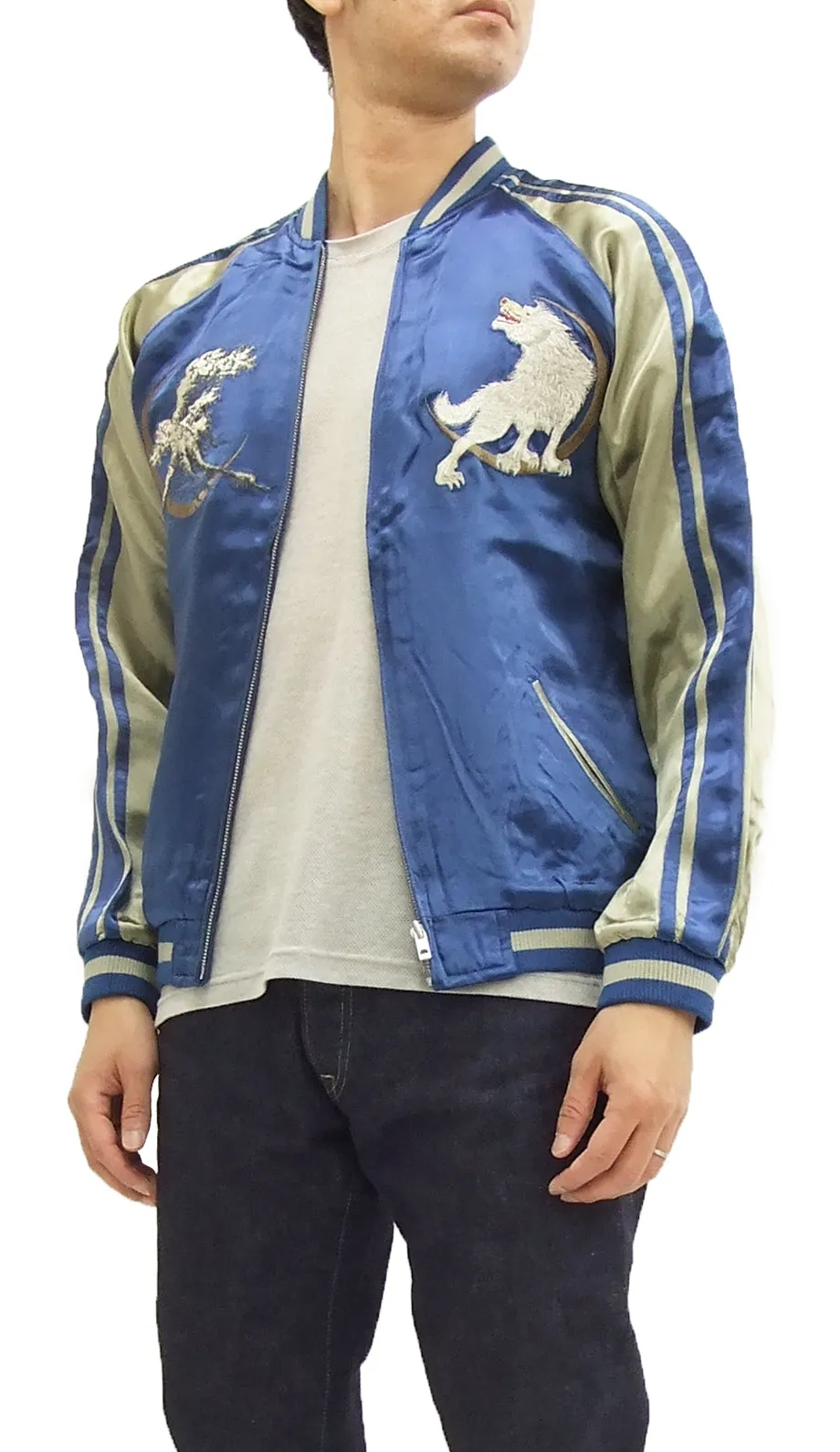 Satori Script Japanese Souvenir Jacket White Wolf Men's Sukajan GSJR-012 Navy-Blue/Beige