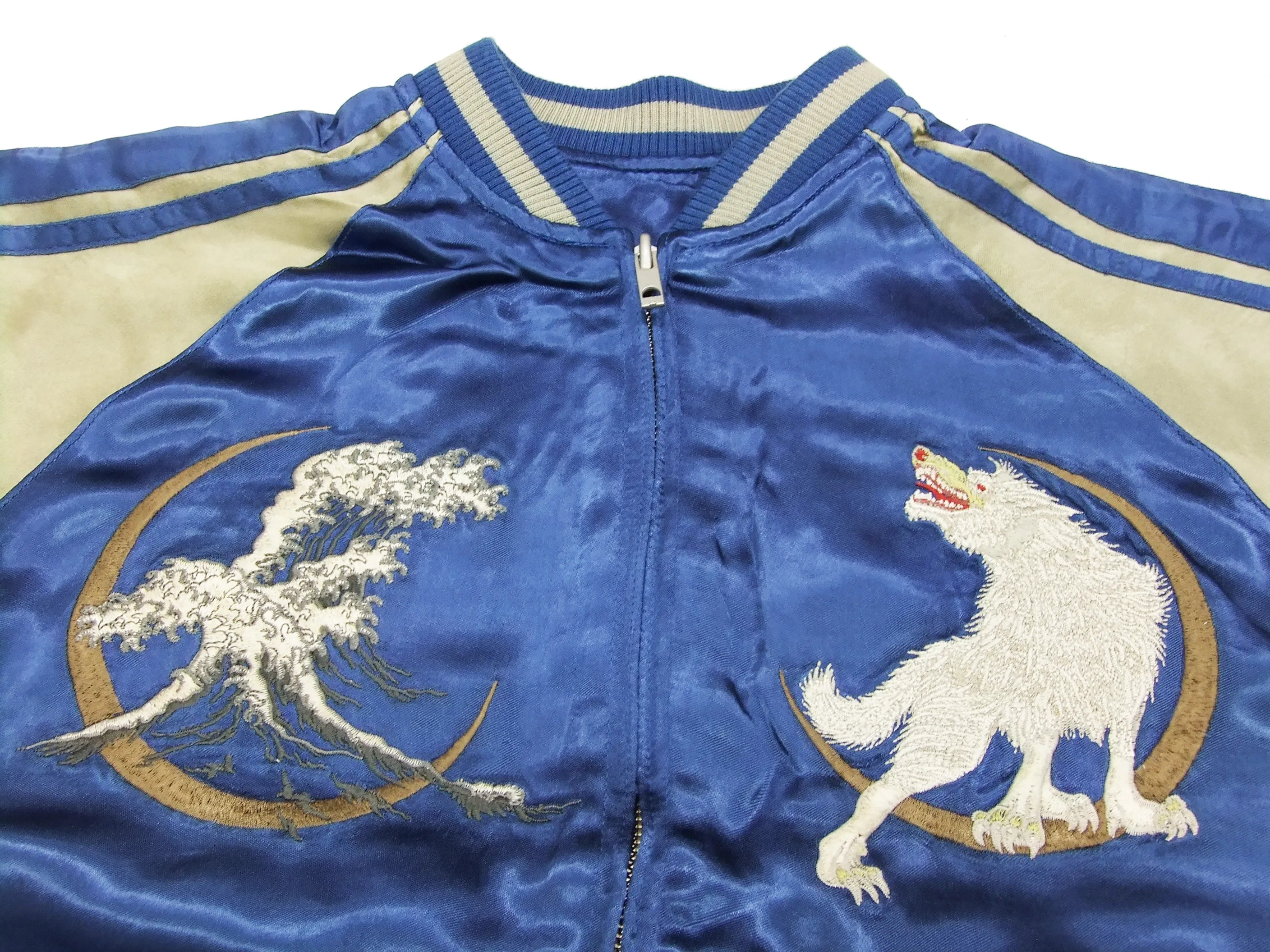 Satori Script Japanese Souvenir Jacket White Wolf Men's Sukajan GSJR-012 Navy-Blue/Beige