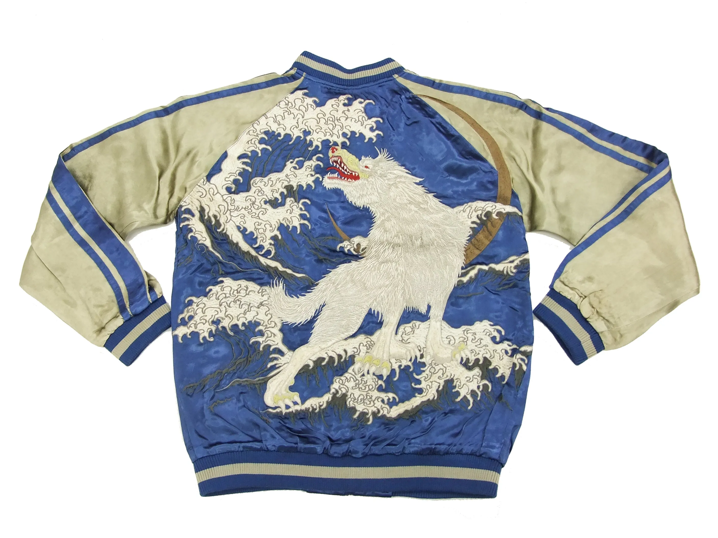 Satori Script Japanese Souvenir Jacket White Wolf Men's Sukajan GSJR-012 Navy-Blue/Beige