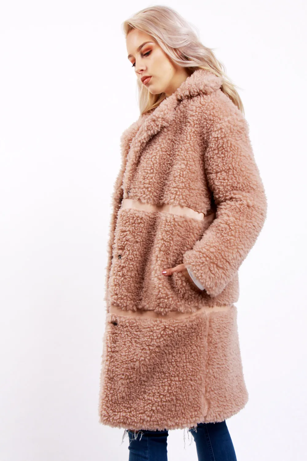 Shaggy Teddy Coat with PU Detail