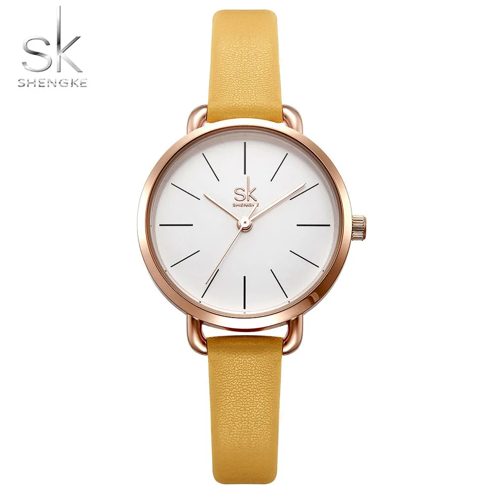 Shengke Simple Elegant Women Watches 2018 Yellow Leather Strap Quartz Wristwatch for Woman Clock Luxury Ladies Watch reloj mujer