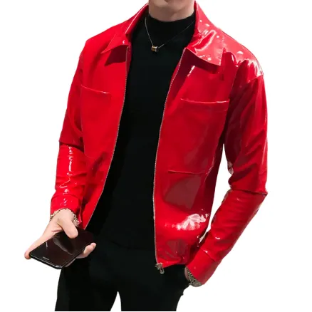 Shinny Leather Jacket for Men Fashion Autumn Winter Red Black Singer Dance Club Party Stage Costume Men Bomber Coats