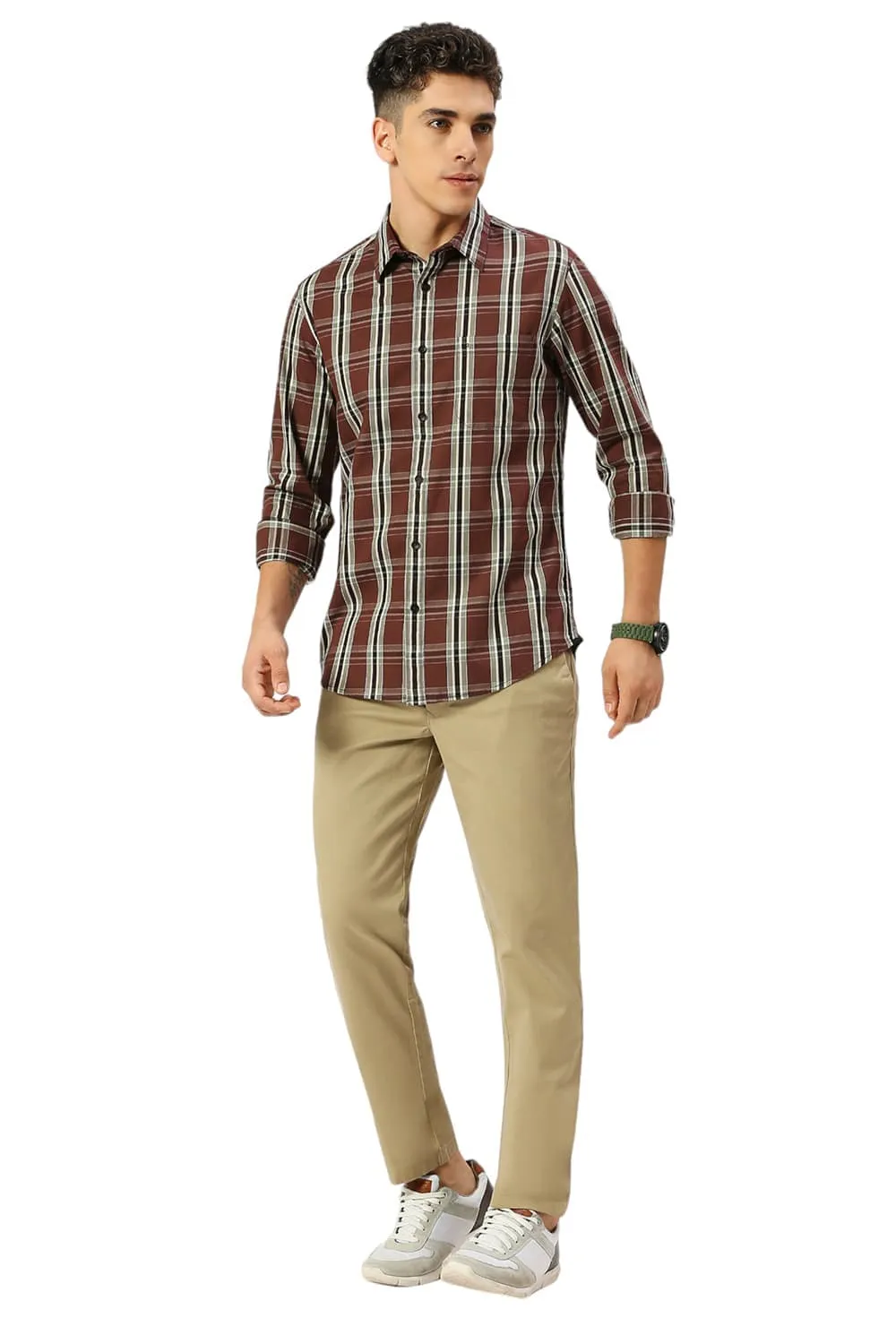 Slim Fit Cotton Cavalry Twill Checks Shirt