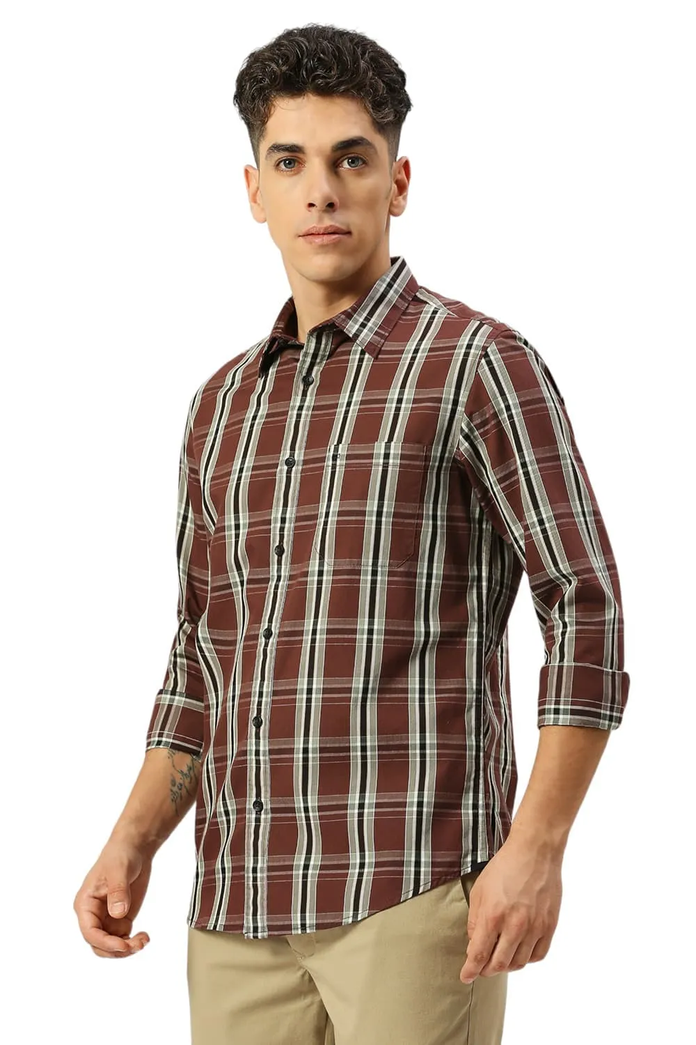 Slim Fit Cotton Cavalry Twill Checks Shirt