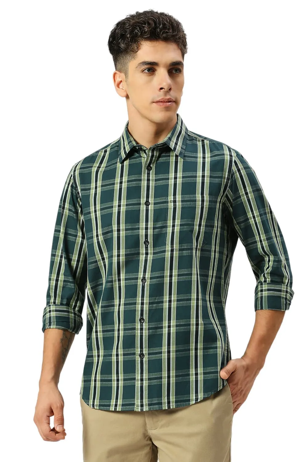 Slim Fit Cotton Cavalry Twill Checks Shirt