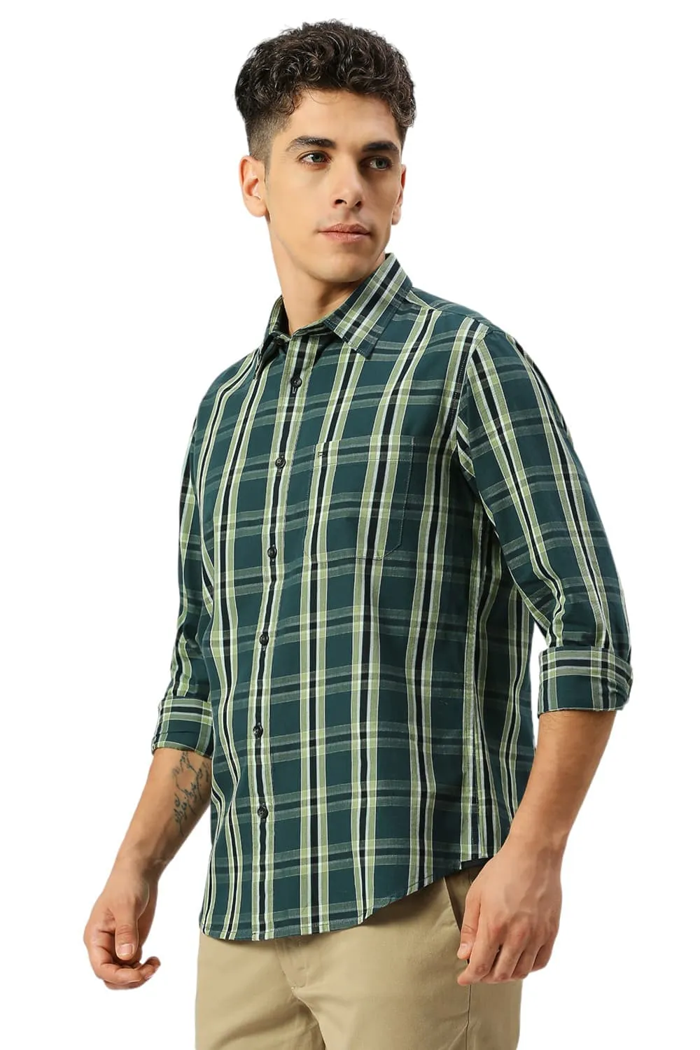 Slim Fit Cotton Cavalry Twill Checks Shirt