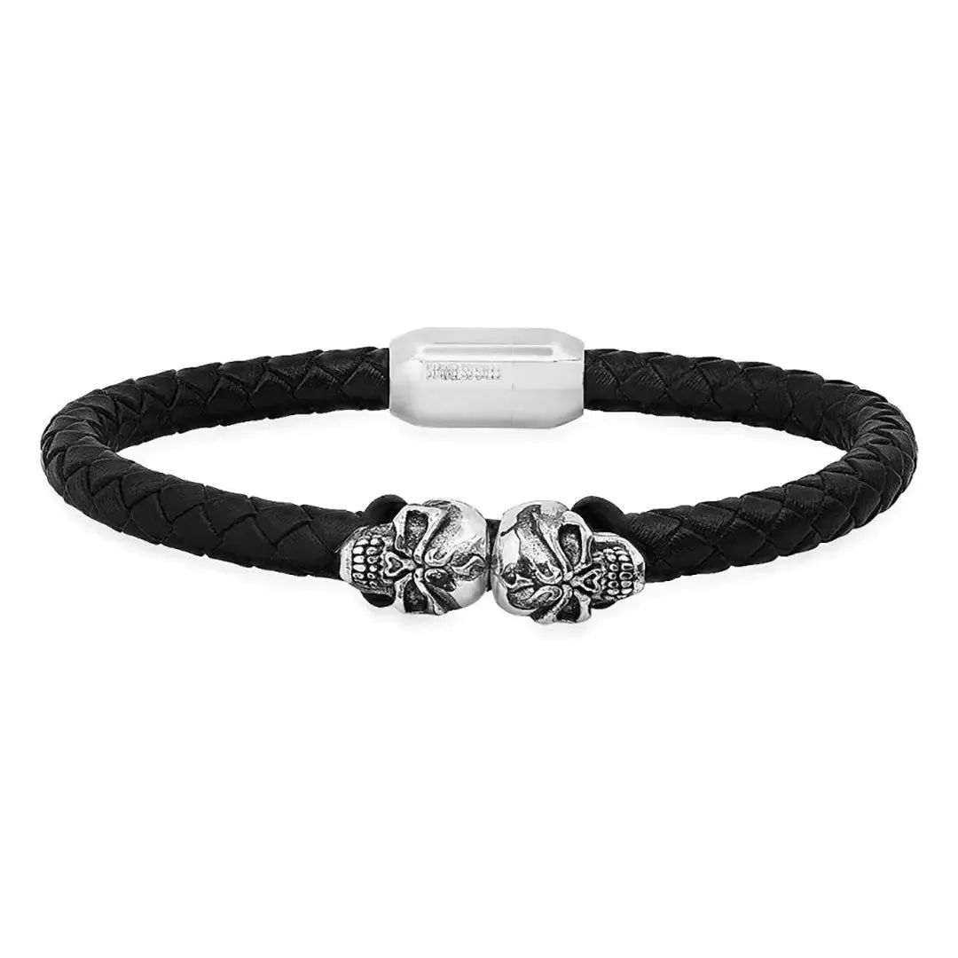 SteelTime Men's Black Braided Leather and Stainless Steel Skulls Bracelet