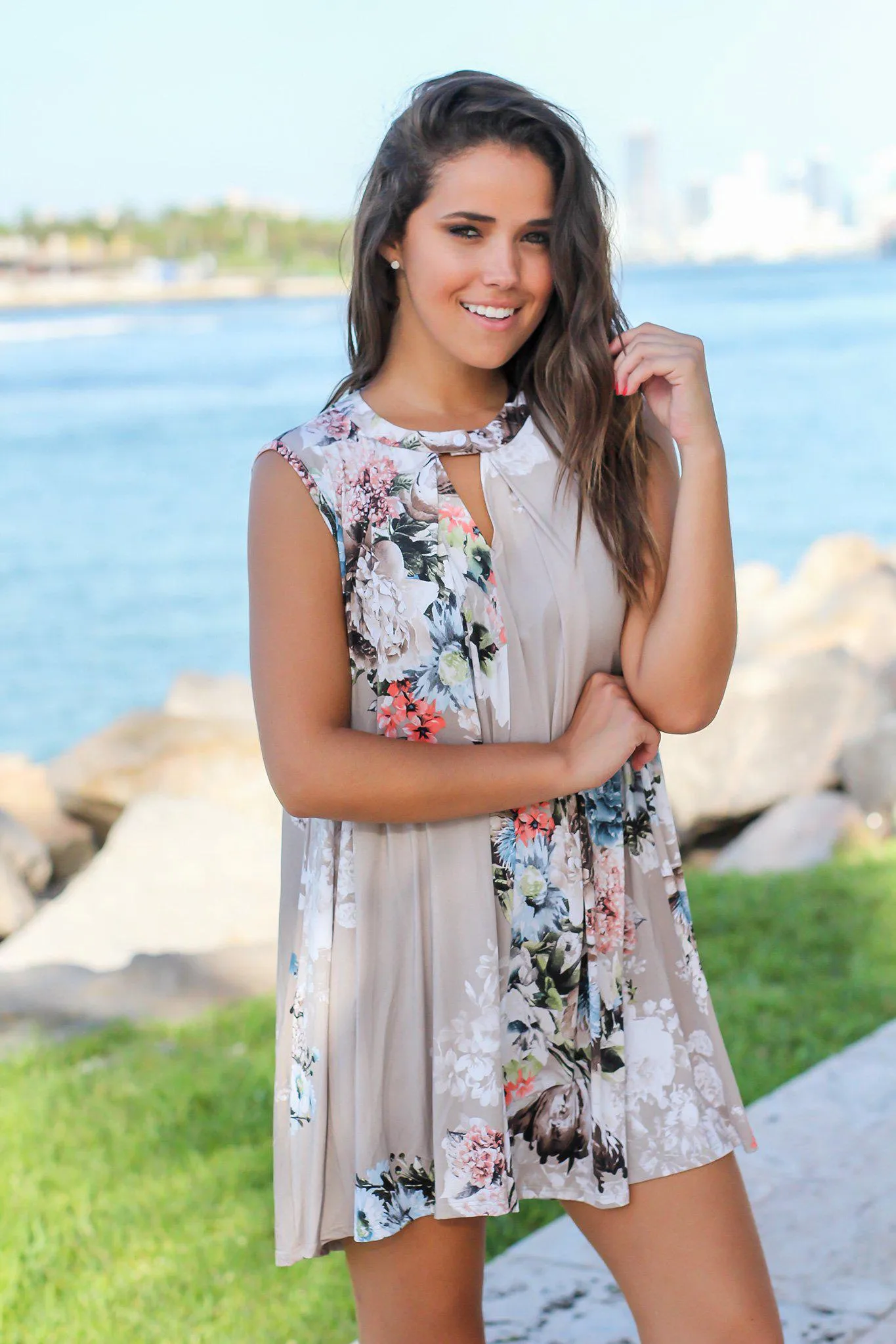 Stone Floral Swing Dress with Keyhole