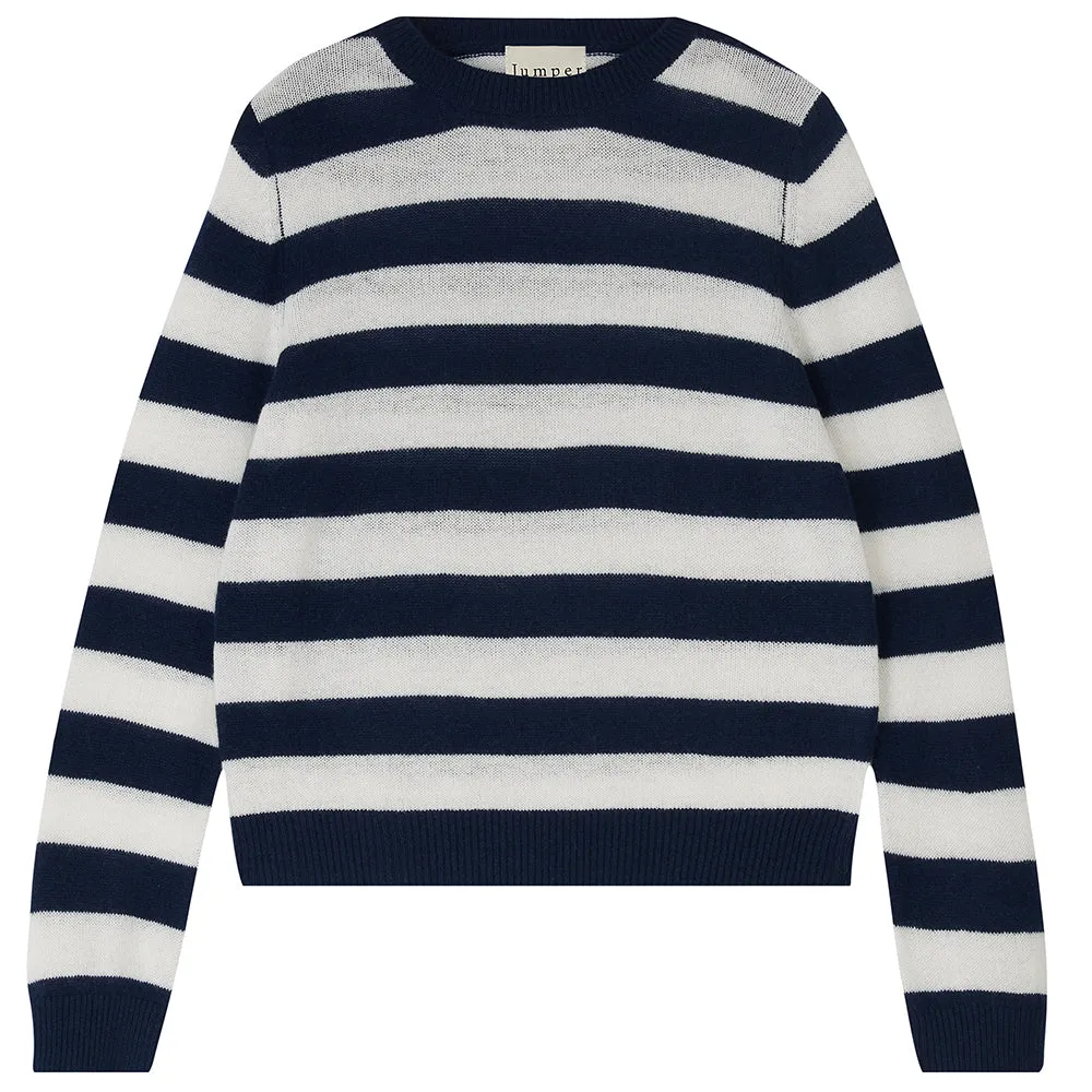 Stripe Cashmere Crew in Navy and Cream