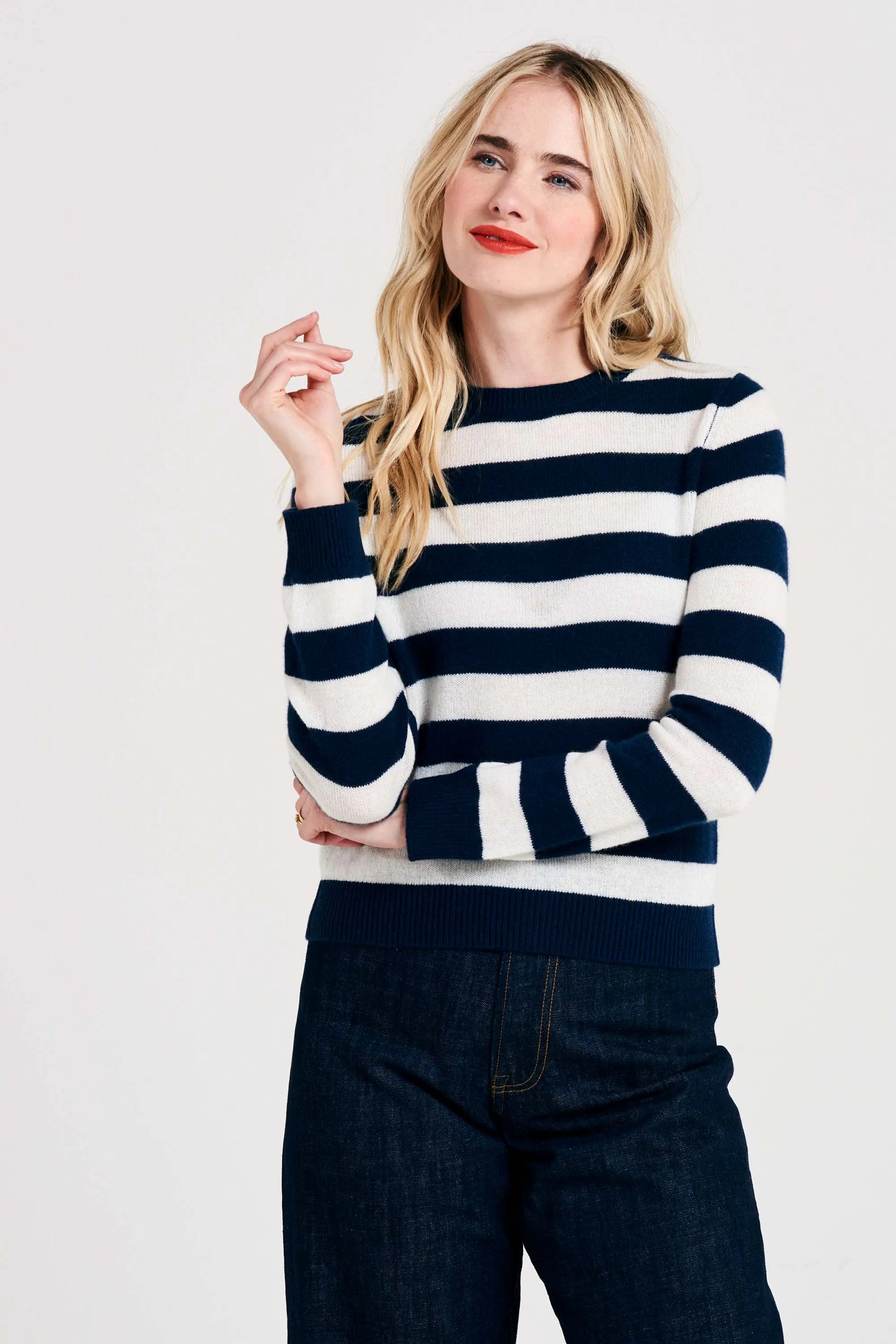 Stripe Cashmere Crew in Navy and Cream