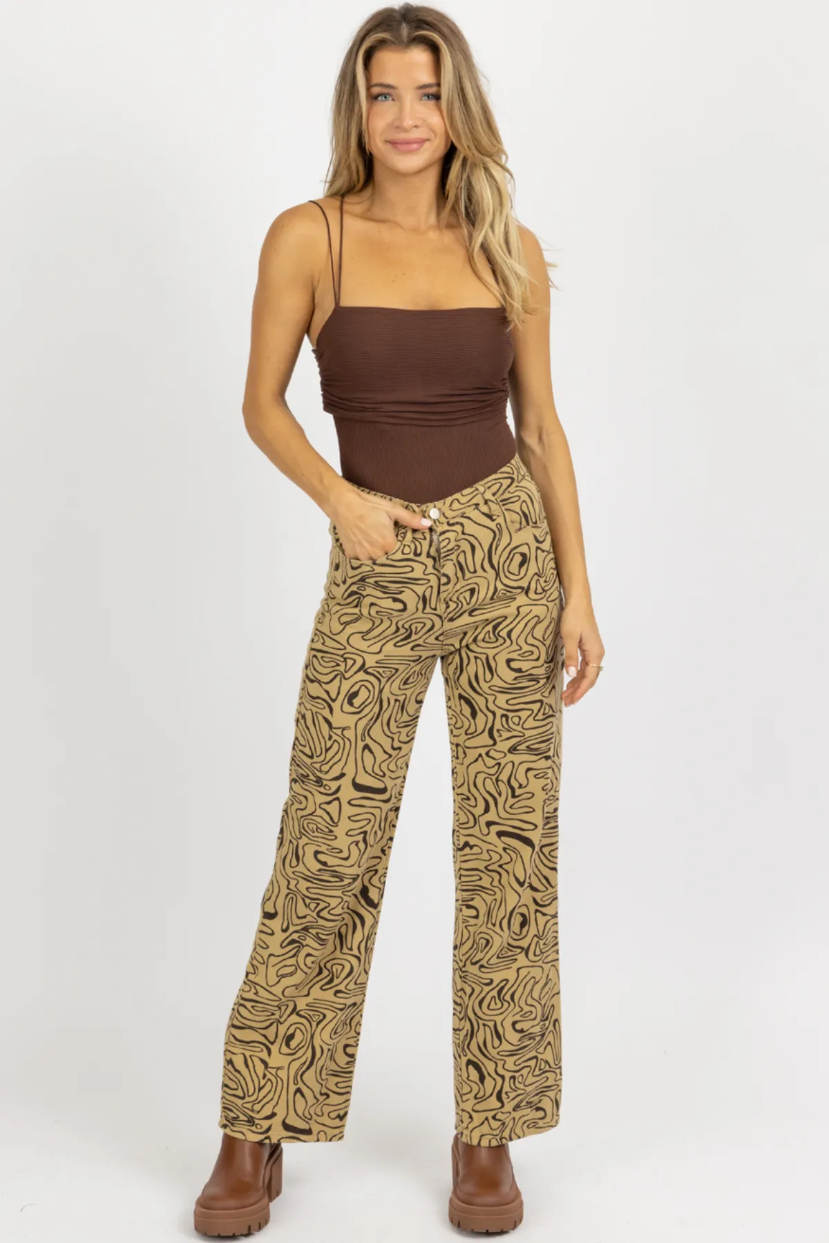 TAUPE ABSTRACT HIGH RISE FLARE JEAN