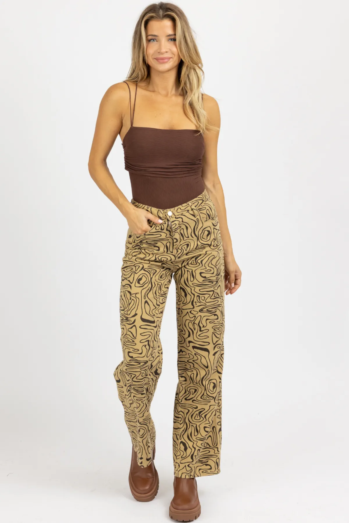 TAUPE ABSTRACT HIGH RISE FLARE JEAN