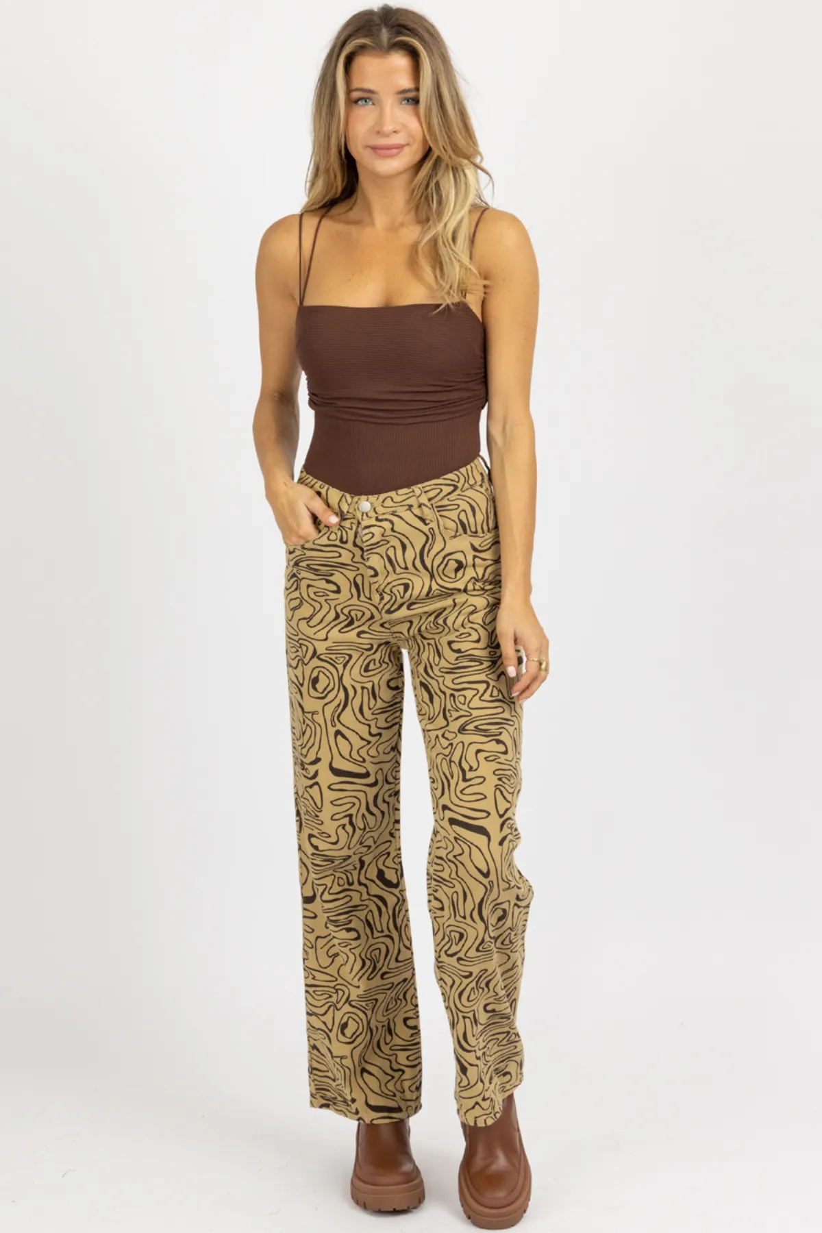 TAUPE ABSTRACT HIGH RISE FLARE JEAN