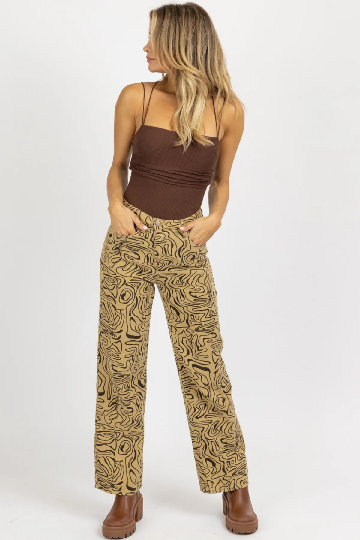 TAUPE ABSTRACT HIGH RISE FLARE JEAN