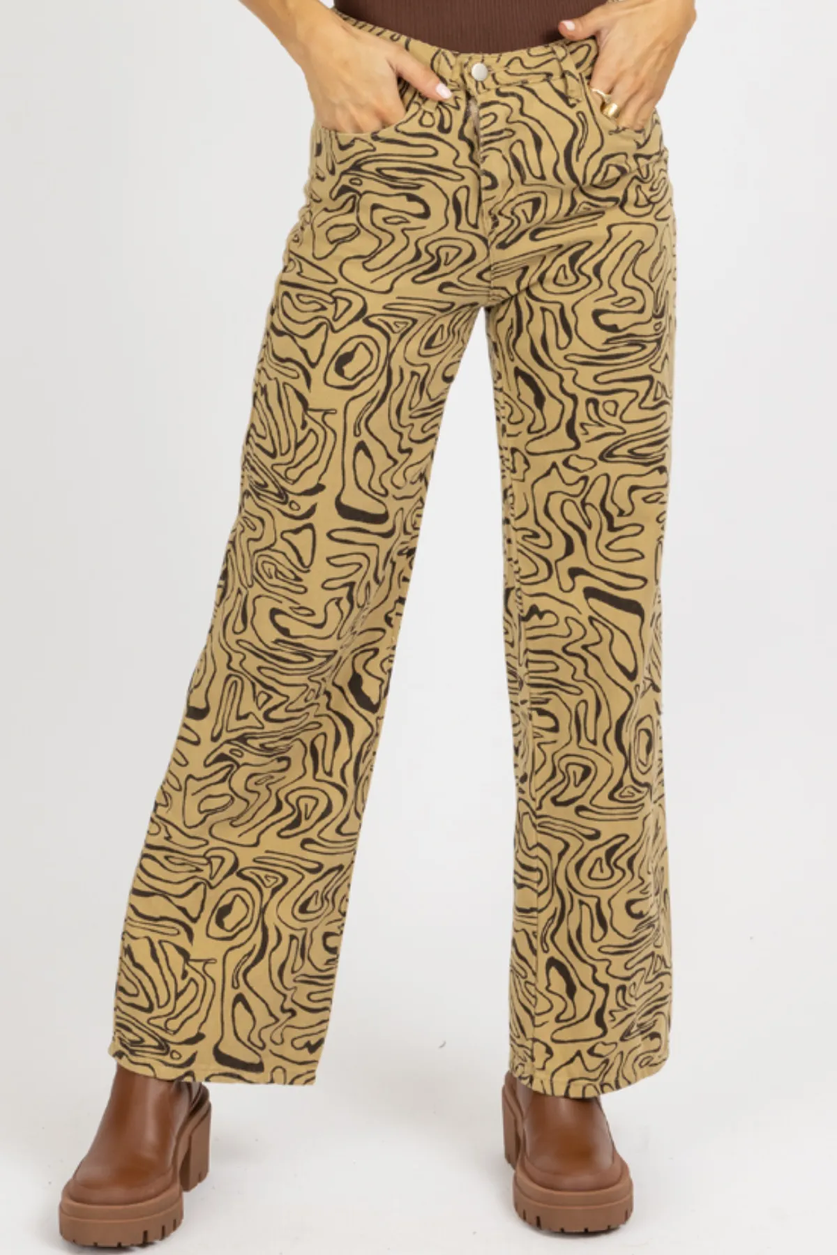 TAUPE ABSTRACT HIGH RISE FLARE JEAN