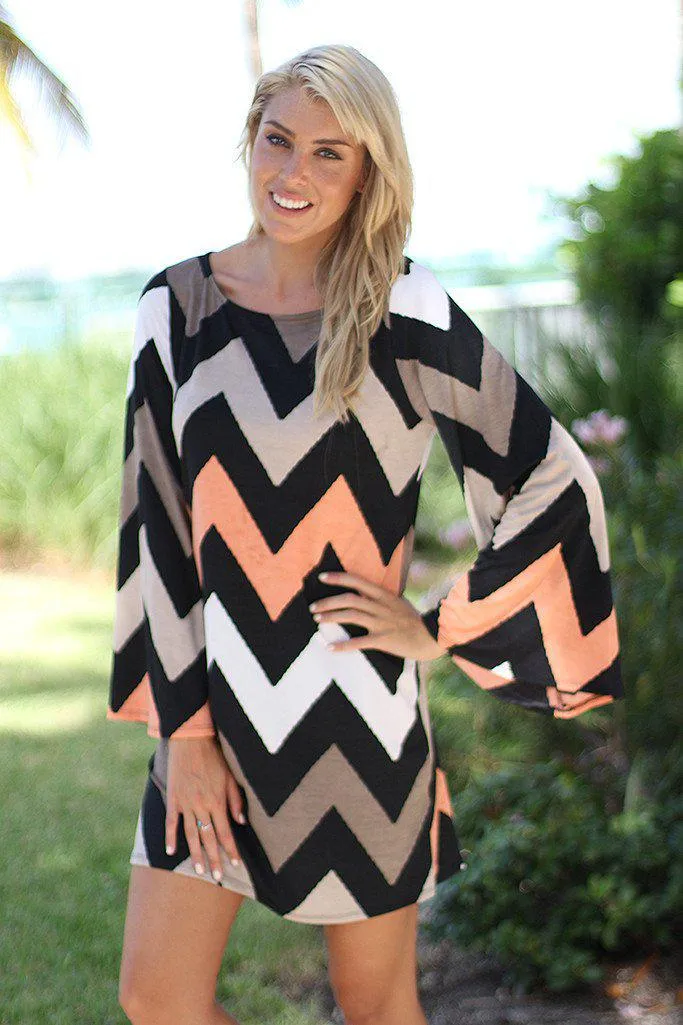 Taupe And Peach Short Chevron Dress