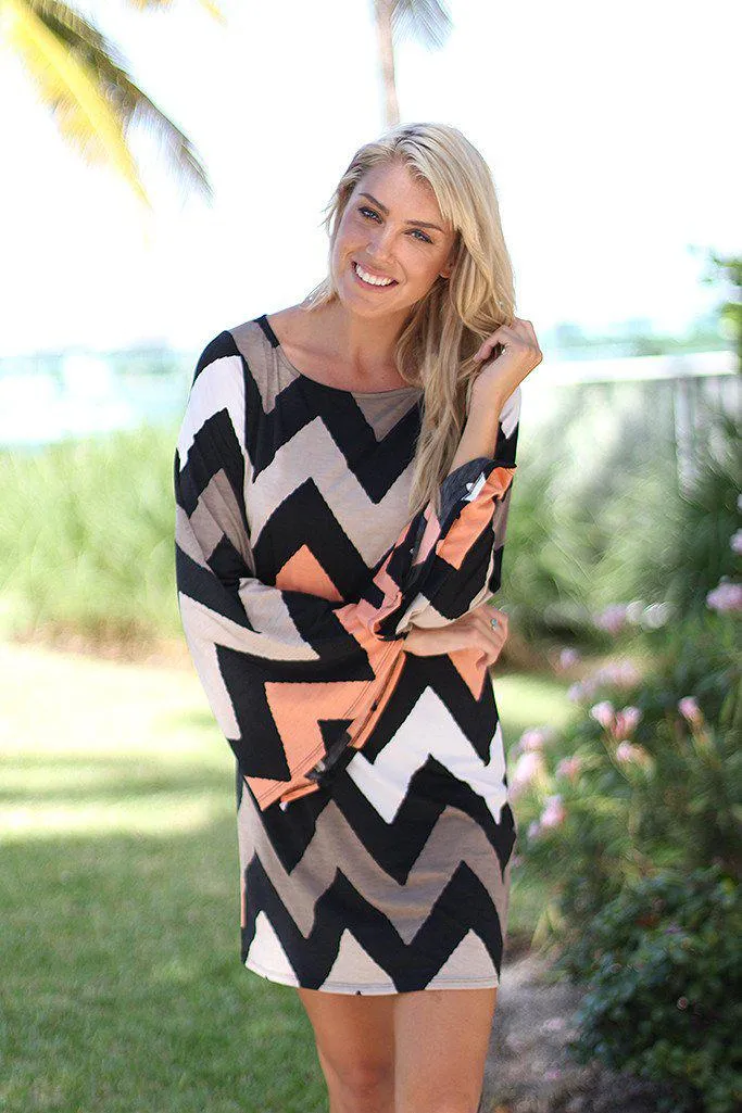 Taupe And Peach Short Chevron Dress