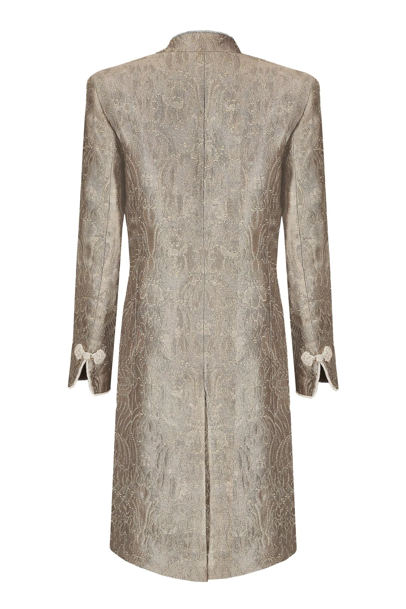 Taupe Dress Coat in Winter Brocade with Cord Trim and Frogging - Vicky