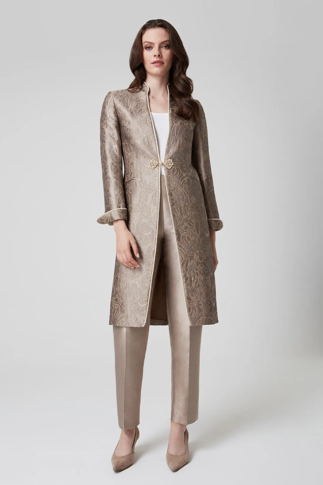 Taupe Dress Coat in Winter Brocade with Cord Trim and Frogging - Vicky