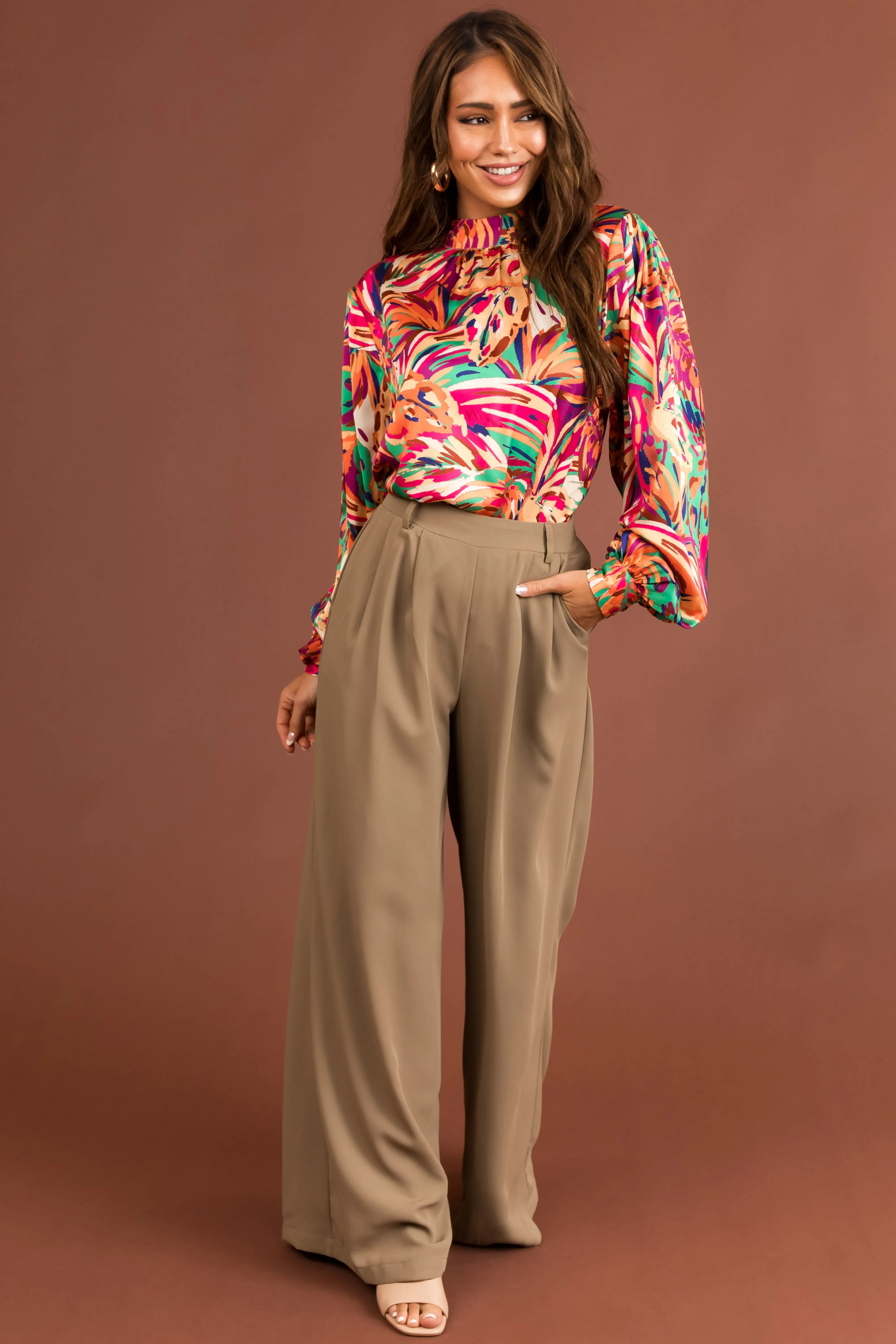 Taupe Elastic Waist Wide Leg Dress Pants