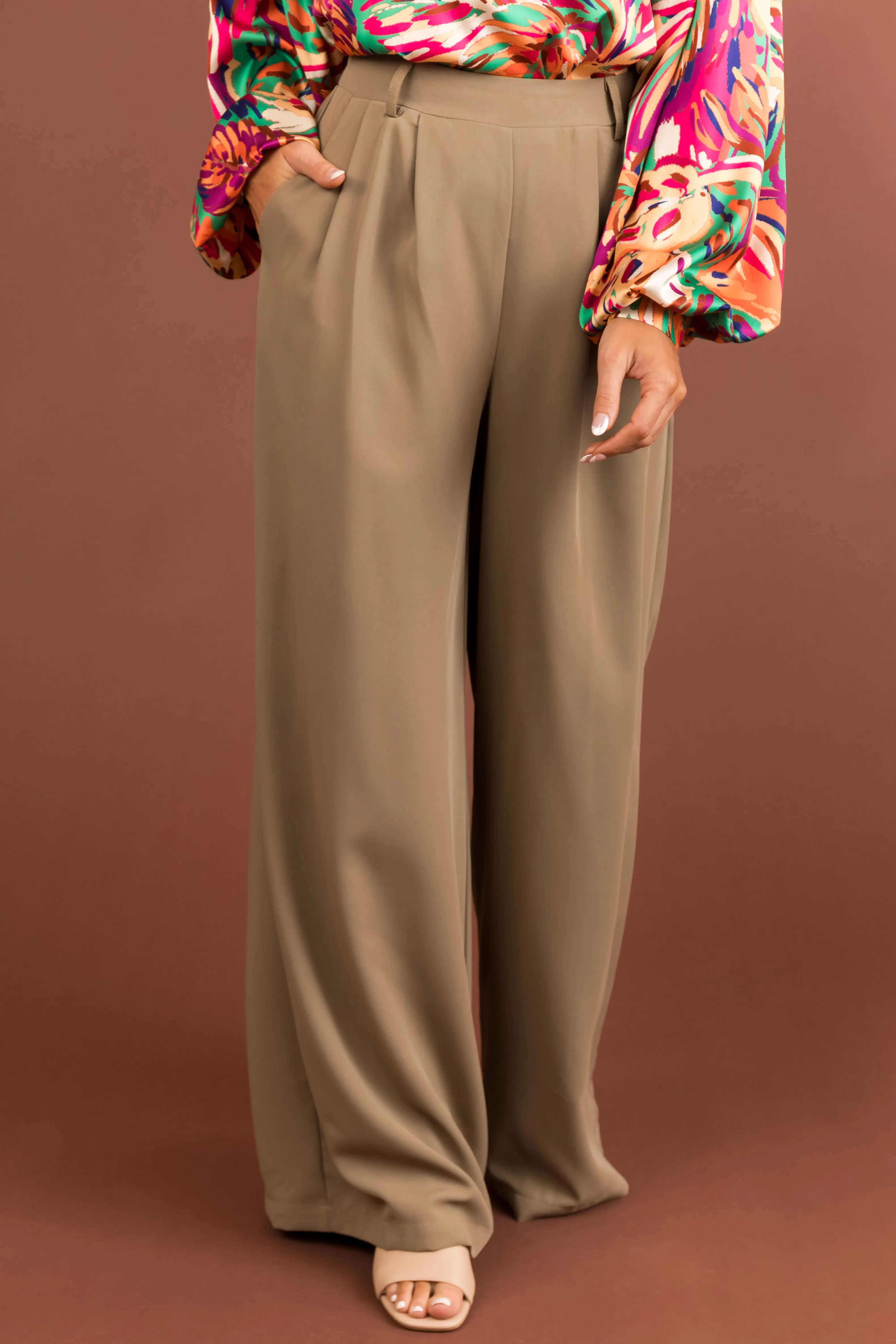 Taupe Elastic Waist Wide Leg Dress Pants