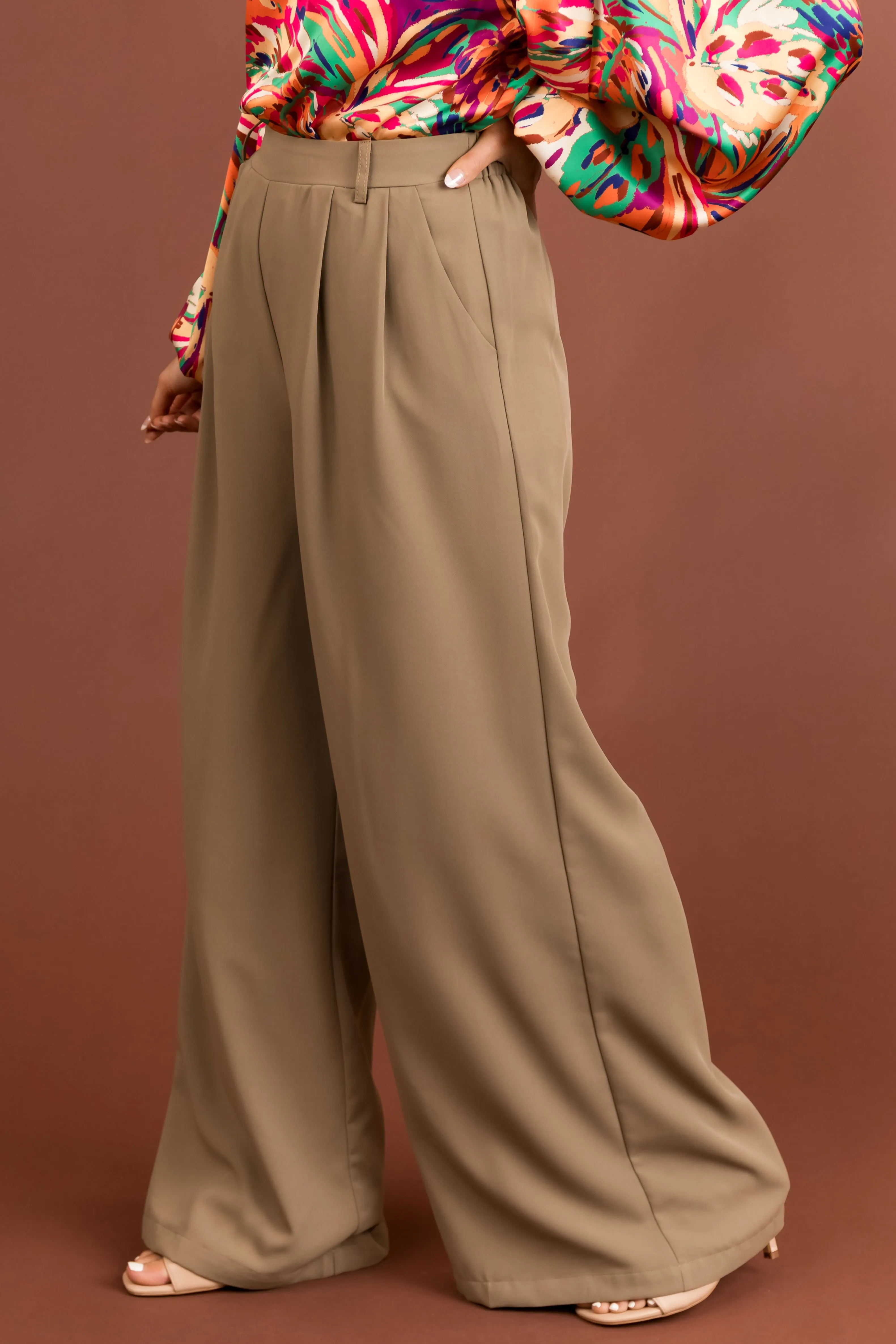 Taupe Elastic Waist Wide Leg Dress Pants