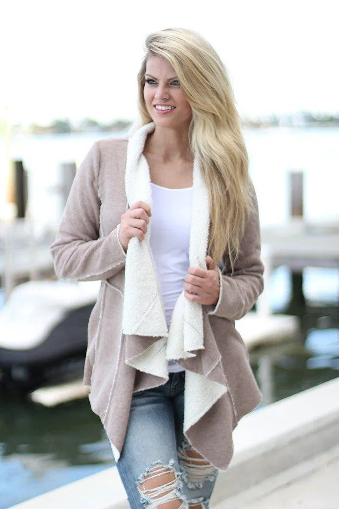 Taupe Faux Fur Cardigan With Pockets