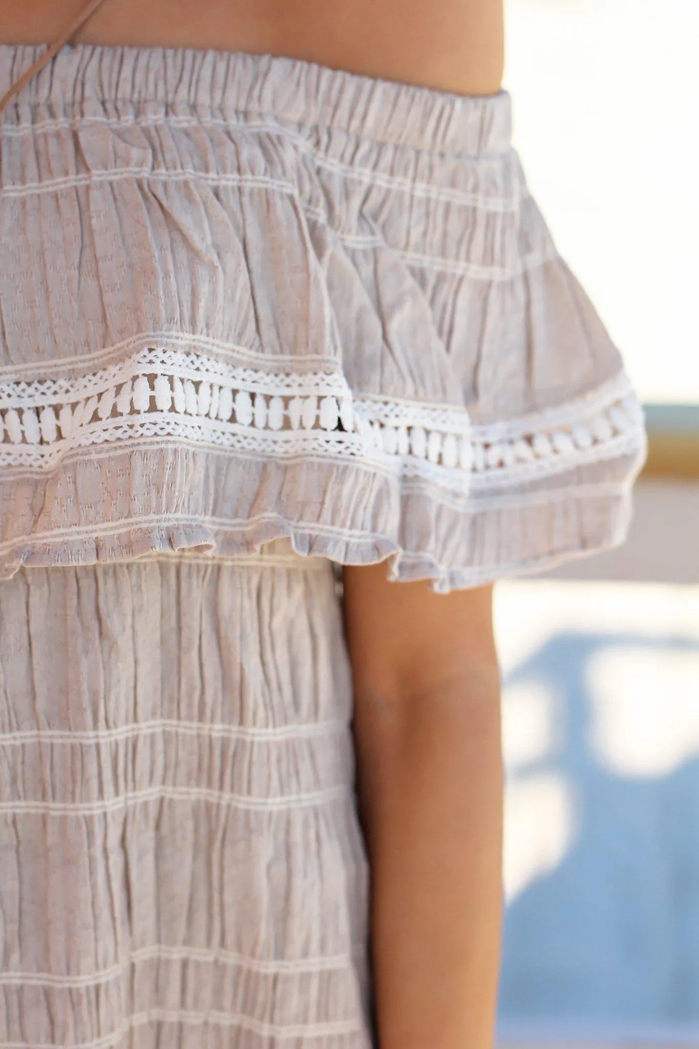 Taupe Off Shoulder Short Dress with Crochet Detail