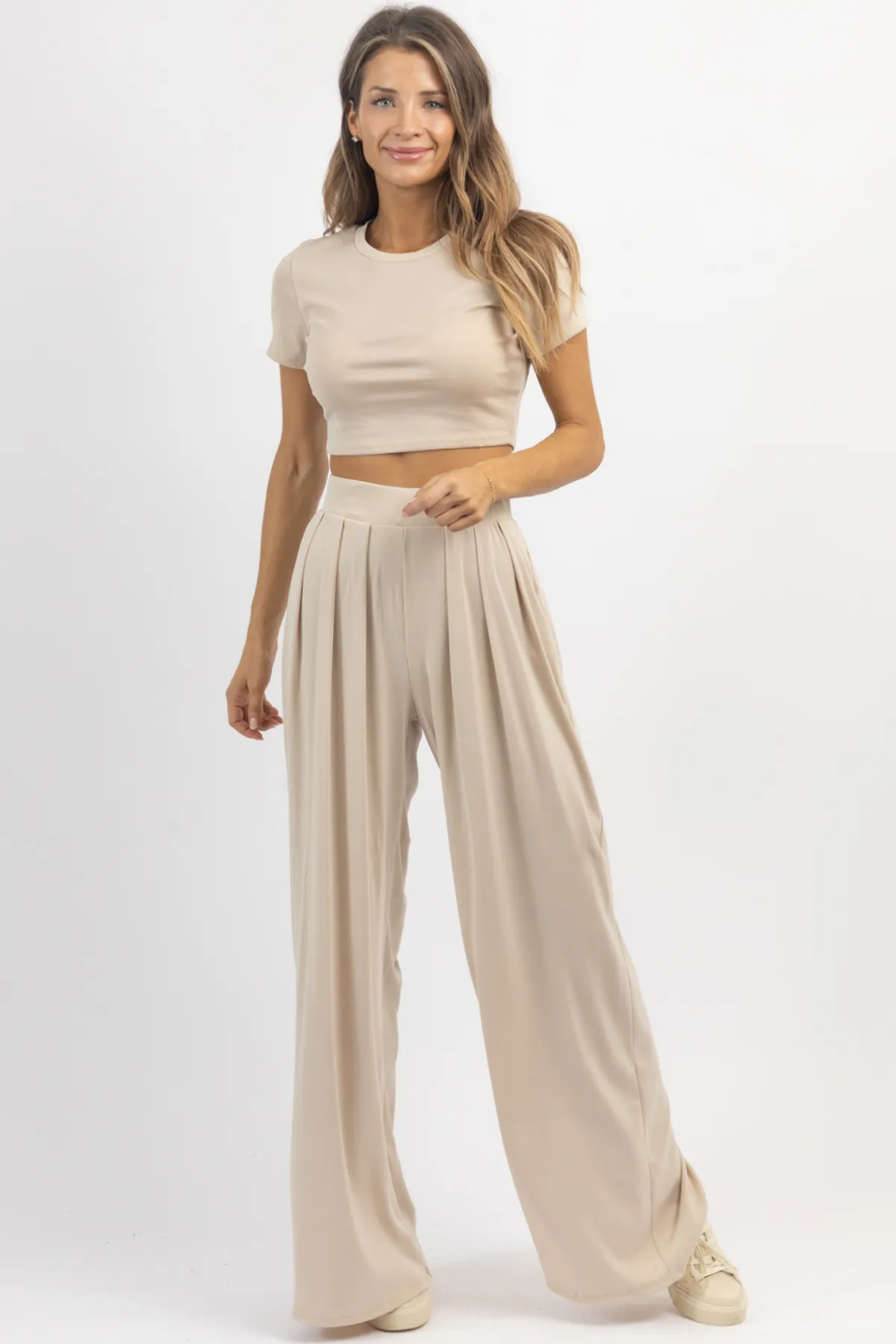 TAUPE RIBBED PALAZZO PANT SET