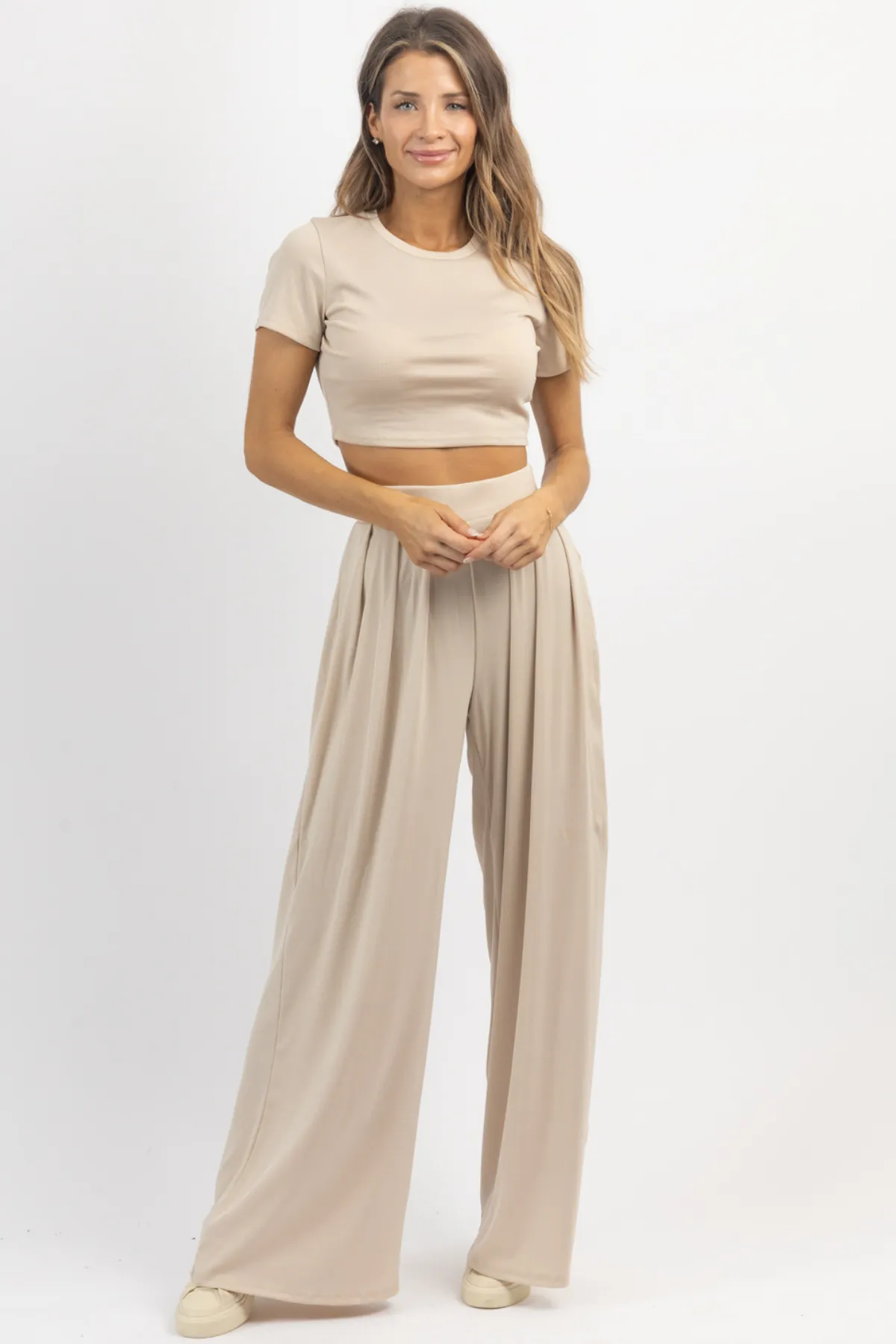 TAUPE RIBBED PALAZZO PANT SET