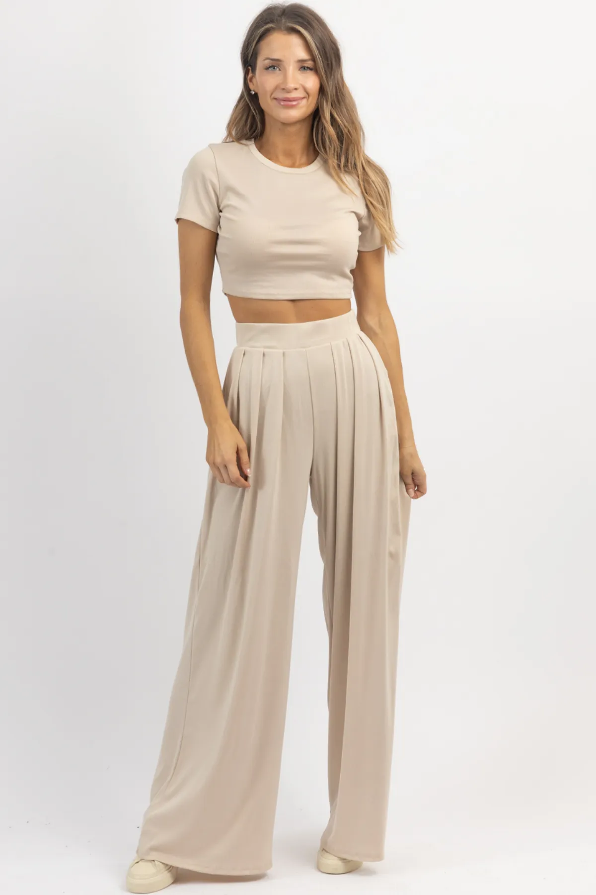 TAUPE RIBBED PALAZZO PANT SET