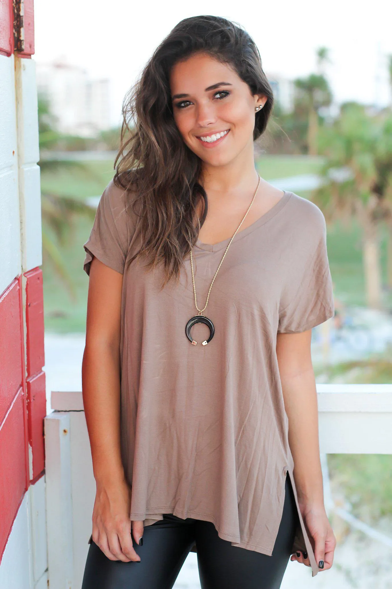 Taupe Short Sleeve V-Neck Top