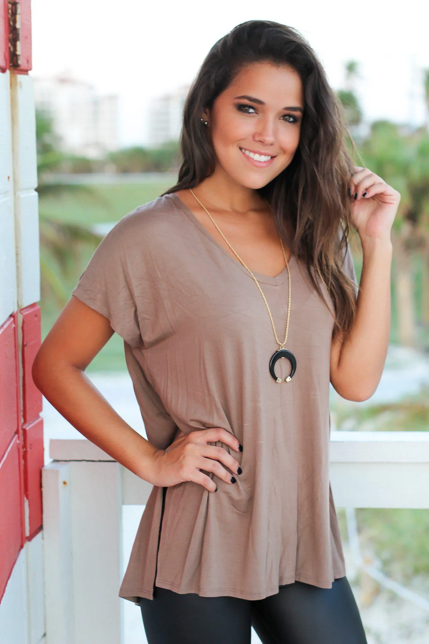 Taupe Short Sleeve V-Neck Top