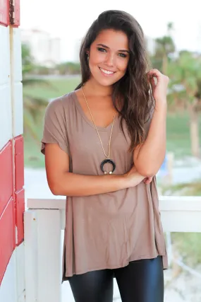 Taupe Short Sleeve V-Neck Top