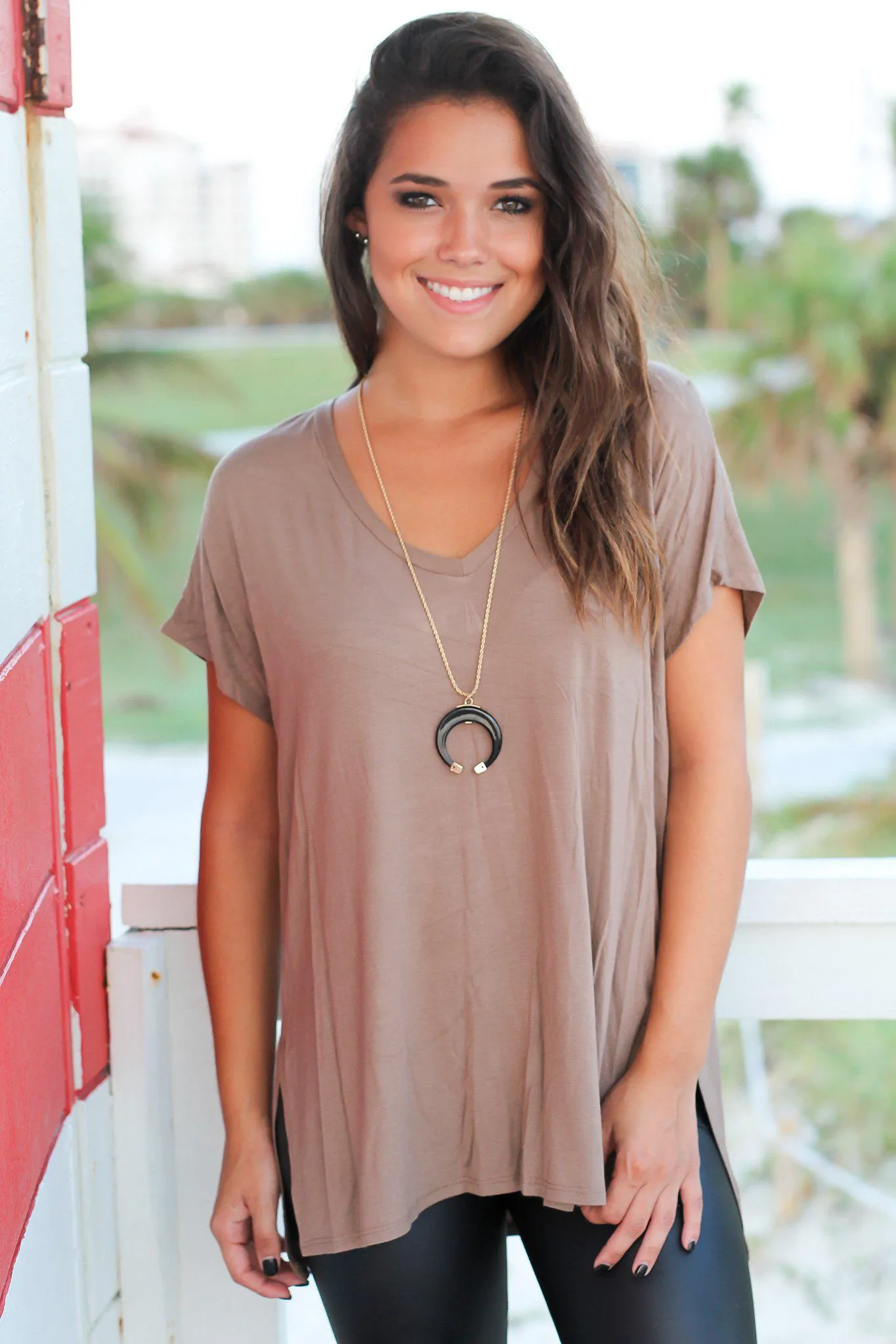 Taupe Short Sleeve V-Neck Top