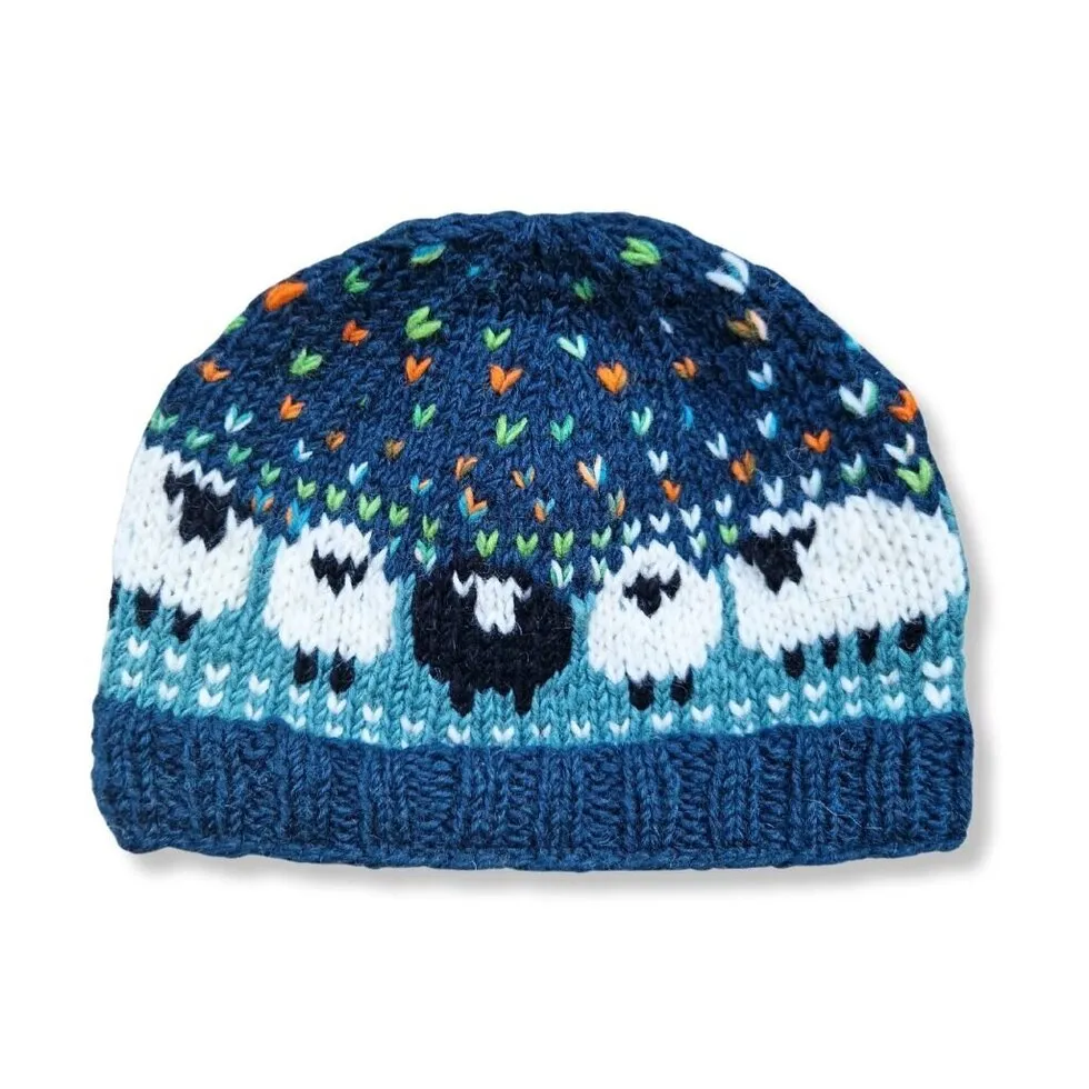 Teal Multi Sheep Beanie Hat (100% Hand Knitted Wool)