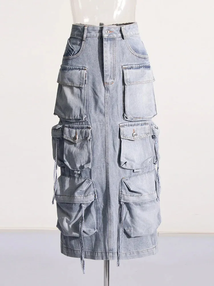 TEEK - Plenty Pockets Split Denim Cargo Skirt