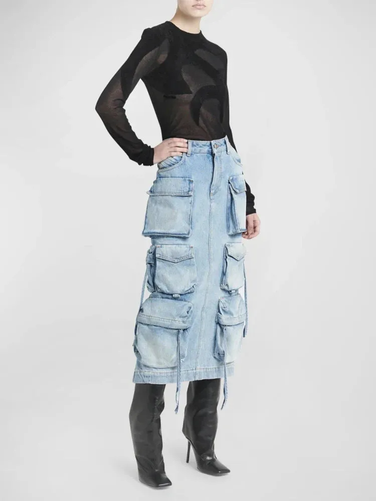 TEEK - Plenty Pockets Split Denim Cargo Skirt