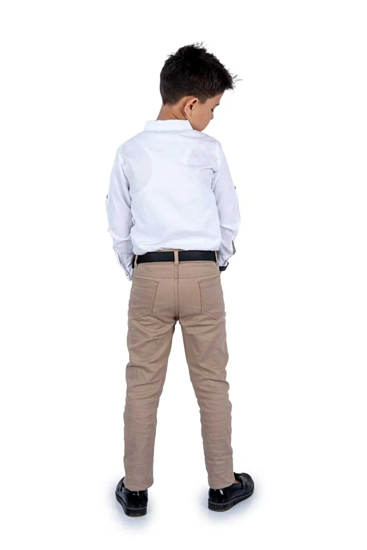 Terry Boy's White Oxford Shirt with Belt Beige Lycra Trousers Suit