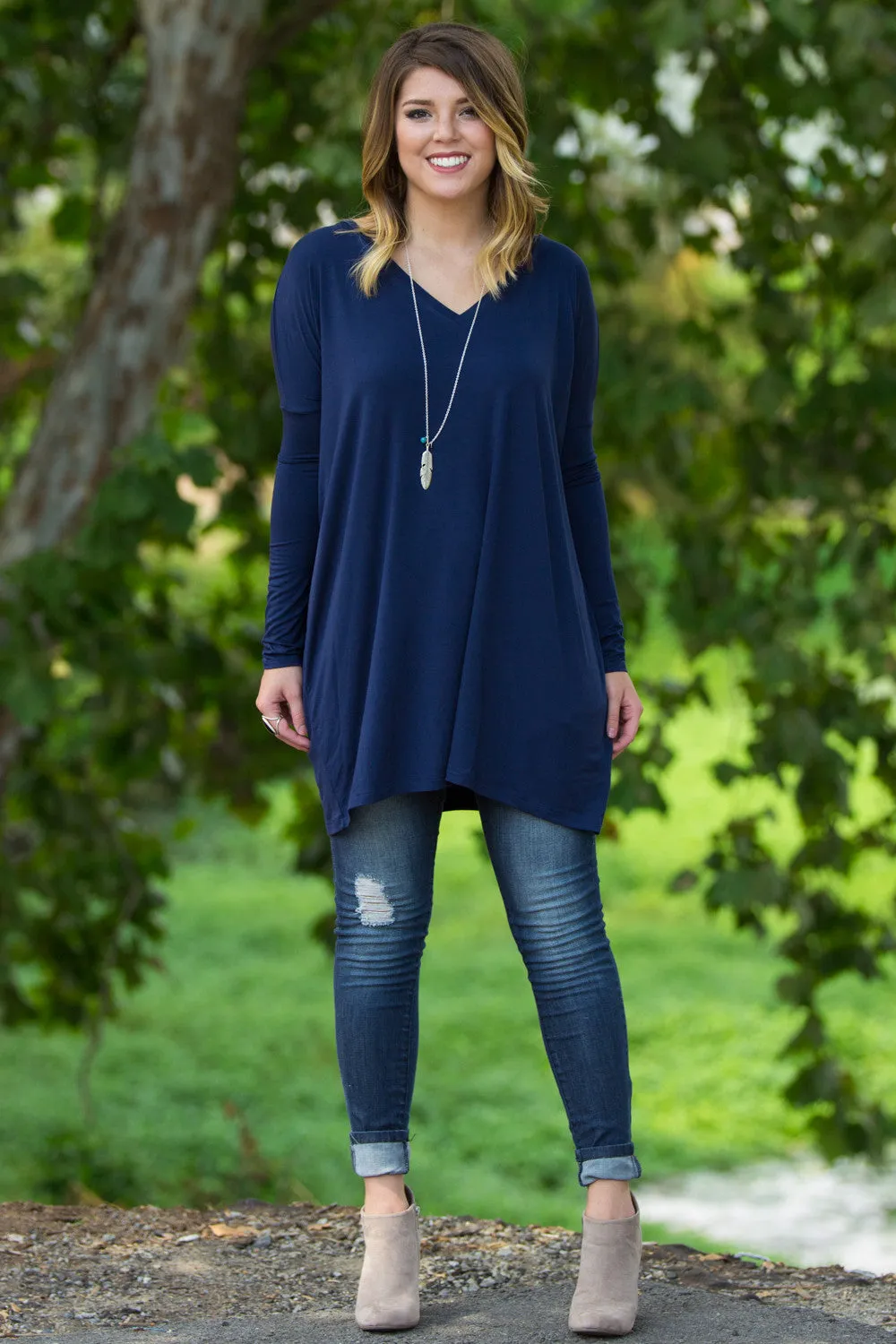 The Perfect Piko V-Neck Tunic Top-Navy