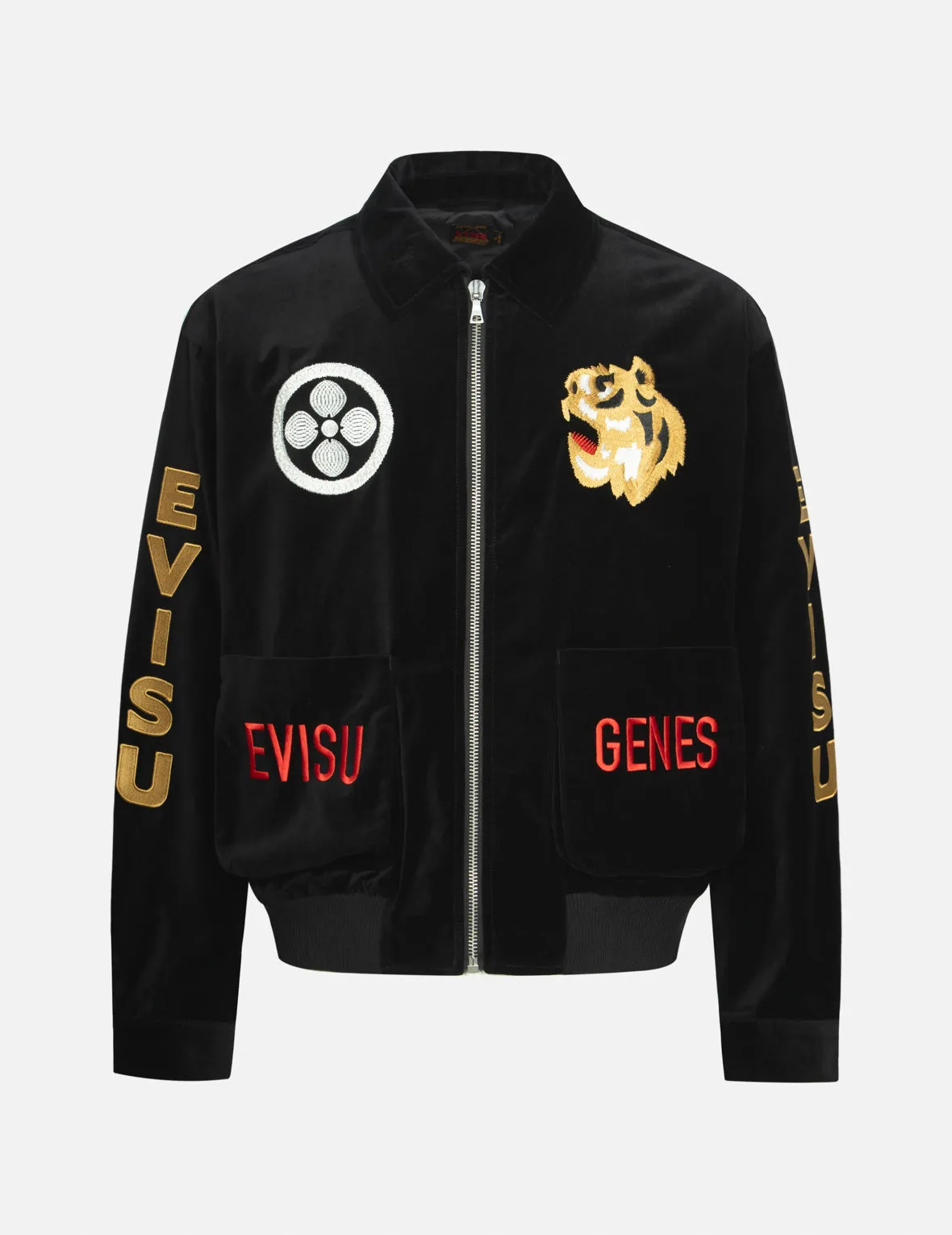 Tiger and Logo Embroidery Oversized Velvet Bomber Jacket