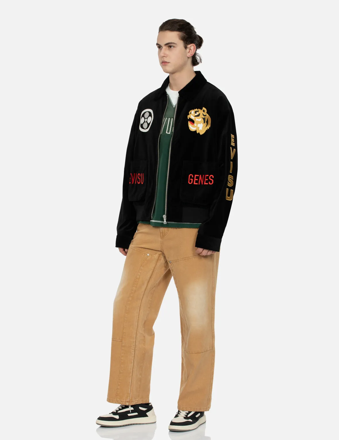 Tiger and Logo Embroidery Oversized Velvet Bomber Jacket