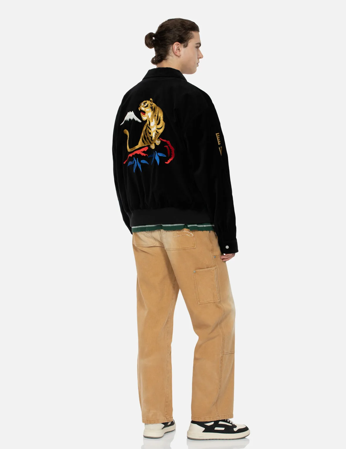 Tiger and Logo Embroidery Oversized Velvet Bomber Jacket