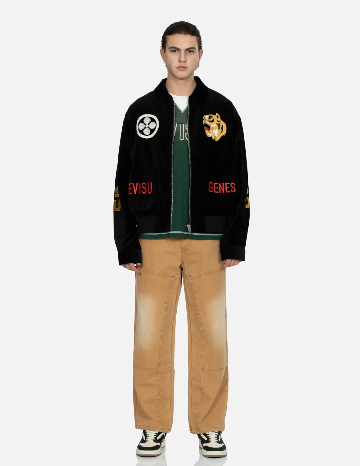 Tiger and Logo Embroidery Oversized Velvet Bomber Jacket