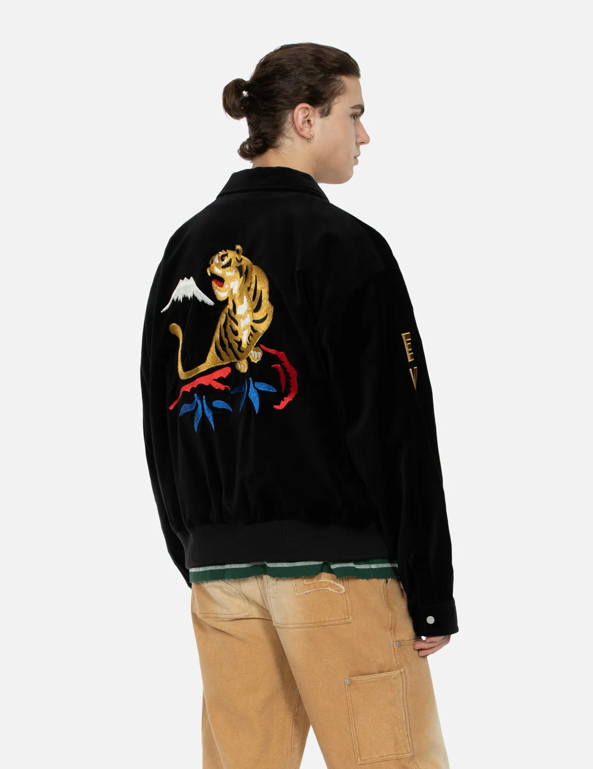 Tiger and Logo Embroidery Oversized Velvet Bomber Jacket